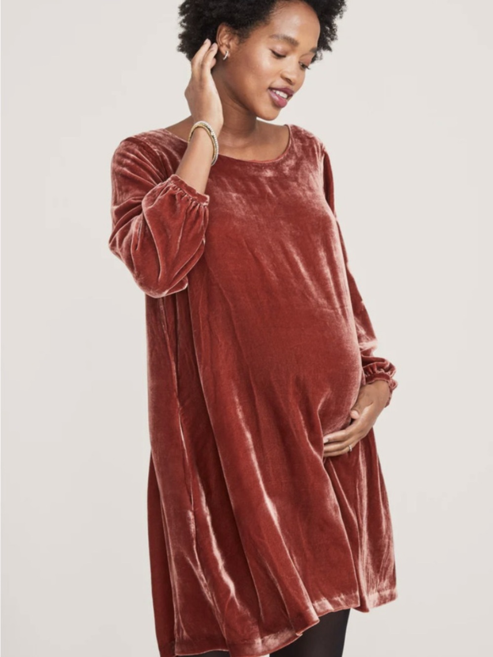 Hatch Bella Dress Maternity Silk Velvet Mini Swing Long Sleeve Velour A-Line